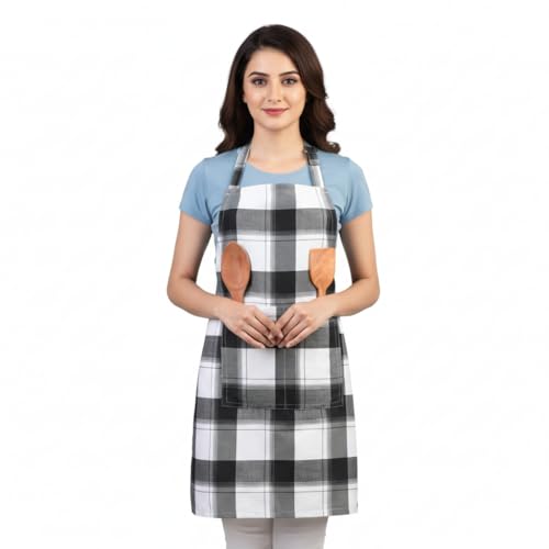 Image of Cotton Kitchen Apron Pack of 2, Checkered Cooking Apron for Women & Home Cooks, Adjustable Strap, Large Pockets, Black and White