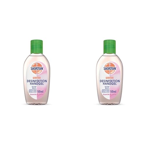 Sagrotan Hand-Desinfektionsgel Kamille & Lotus Desinfektionsmittel für die Hände in handlicher Reisegröße – 1 x 50 ml antibakterielles Gel (Packung mit 2)