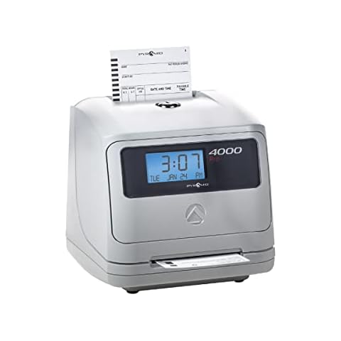 Pyramid Time Systems - Model 4000 Auto Totaling Time Clock, Electronic Time Punch Clock for Small Business, Bundle Includes: 25 Time Cards,Ribbon and 2 Security Keys - Silver ( 7.25"h x 7"w x 6.75"d) Cover