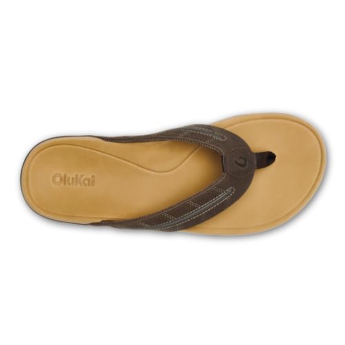 OluKai Tuahine Palm Men's Waterproof Full-Grain Leather Flip Flops, Arch Support Beach Sandals, Wet Grip Outsole for All-Day Comfort, Dk Java/Golden Sand, 10 - image 5