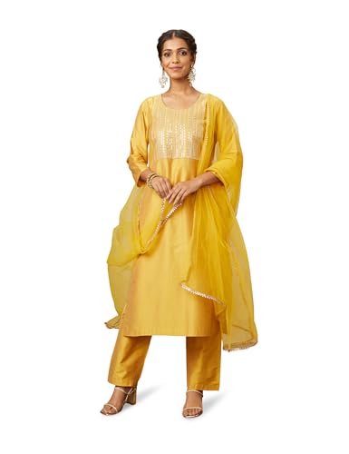 Image of Amazon Brand - Myx Women's Embroidered Kurta Pant Set with Mesh Dupatta (Available in Plus Sizes)