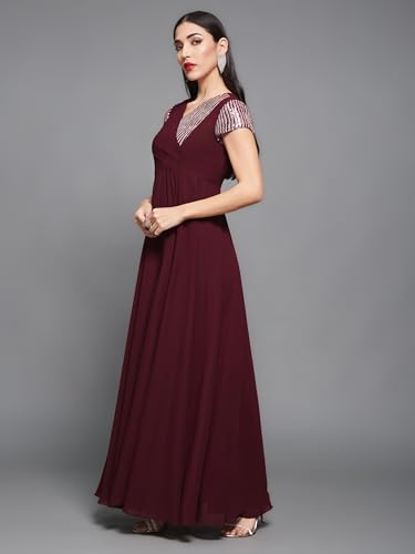 Image of Miss Chase Women's Round Neck Sleeve Embellished Fit Flare Maxi Dress