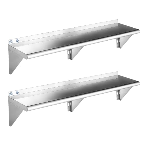 ROCKPOINT Stainless Steel Shelf 12 x 72 Inches 450lb, 2 Pack NSF Commercial Wall Mount Floating Shelving with Backsplash for Restaurant, Kitchen, Home and Hotel, Silver