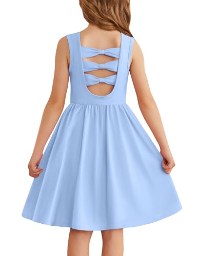 Arshiner Niñas Vestidos Sin Mangas Niños Volver Lazo Vestido de Verano Infantil Algodón Elegante Vestidos Ocio con Cuello Redondo Swing Vestidos Fiesta para Niñas 13-14 Años Azul