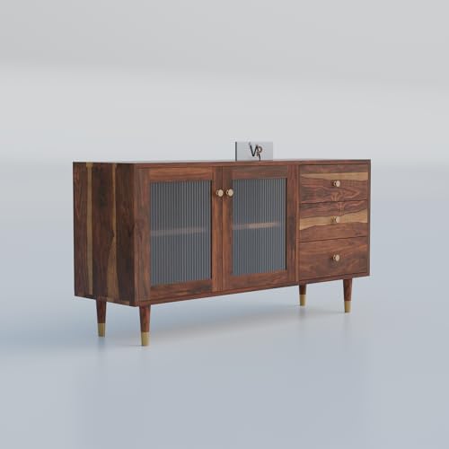 Image of VAP Solid Sheesham Wood Sideboard Cabinet with Tile Design Doors & 3 Drawers | Wooden Crockery & Buffet Storage Cabinet for Living Room & Dining Room | Modern Crockery Cabinet | Honey Finish