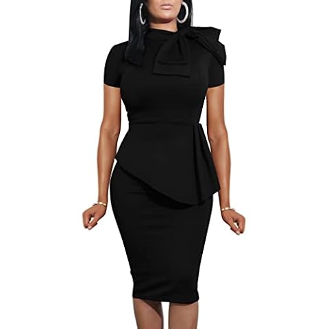 LAGSHIAN Women Fashion Peplum Bodycon Short Sleeve Bow Club Ruffle Pencil Party Dress Black Cover