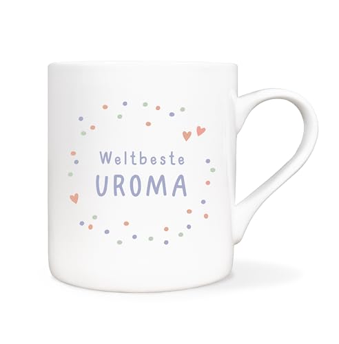 mintkind Tasse Uroma 400 ml Porzellan Kaffeebecher Konfetti Design Herzmotive Geschenk zu Weihnachten für Uroma liebevolle Geschenkidee für Urgroßmutter Geburtstag oder als Dankeschön