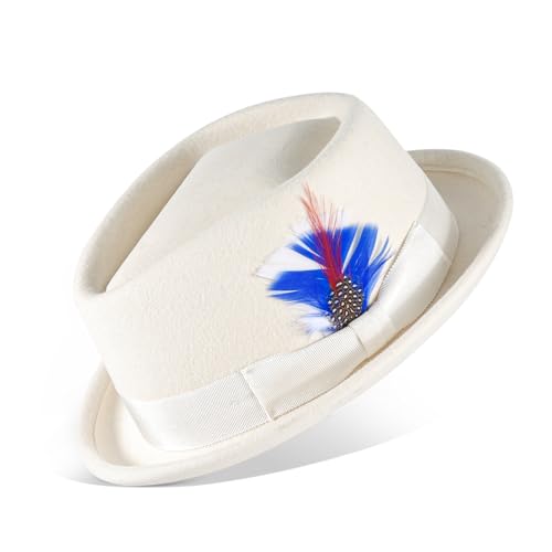 Pork Pie Hats for Men/Women 100% Wool Felt Hat Short Brim Stout Porkpie Breaking Bad Hat Unisex Flat Top Fedora Hats Boater Derby Crushable White-D-L