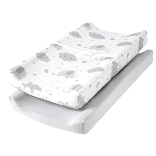 Image of TILLYOU Changing Pad Cover Set in Soft Jersey Material - Fits 32"/34''x16 Contoured Pad for Babies, Elephant & Cloud, Grey