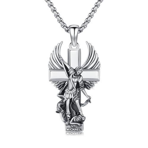 St Michael the Archangel Necklace 925 Sterling Silver Archangel Saint Michael Cross Pendant Necklaces Catholic Amulet Religious Jewelry for Men