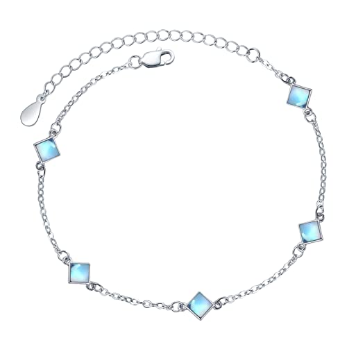 Cuoka Moonstone Bracelets 925 Sterling Silver Rainbow Round Moonstone Bracelet Moonstone Jewellery for Women Girlfriend Mom (Round, Silver)
