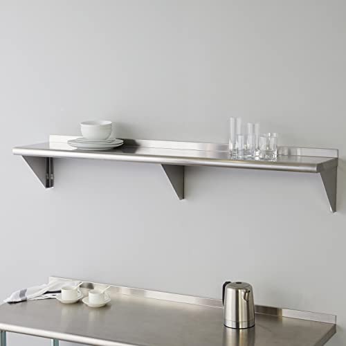 Image of ROCKPOINT Stainless Steel Shelf 12 x 60 Inches 400lb, NSF Metal Commercial Shelves Wall Mount Floating Shelving with Backsplash for Restaurant, Kitchen, Home and Hotel, Silver