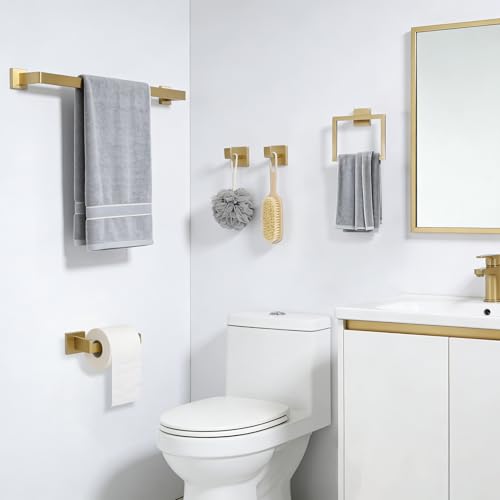 KOSEOO 5-Pieces Brushed Gold Bathroom Hardware Set, SUS 304 Stainless Steel 24.48 Inch Square Towel Bar Set with Towel Ring Robe Towel Hooks and Paper Towel Holder for Bathroom Wall Mounted by KOSEOO - Used condition - Image 2