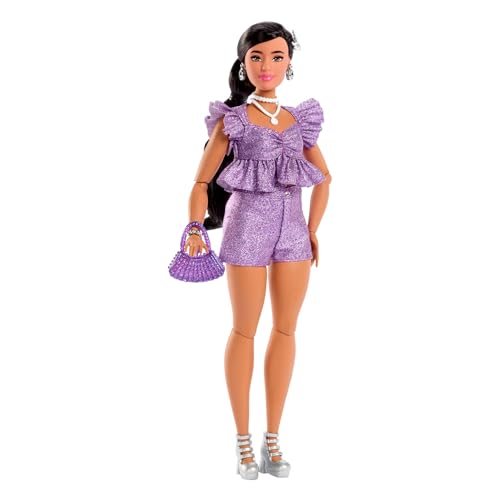 Barbie Deluxe Style Doll #8 in Metallic Purple Top and Sparkly Shorts, Black Hair in Braid, Accessories like Pearly Jewelry and Handbag, JFP43