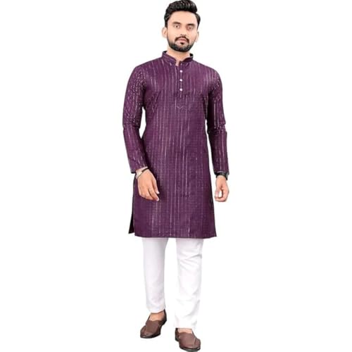 Image of FASHION GALLERY Men's Solid Pattern Polycotton Kurta with Long Sleeve Round Neck Knee Length and Pull On Closure Type|Men Kurta Pajama Set