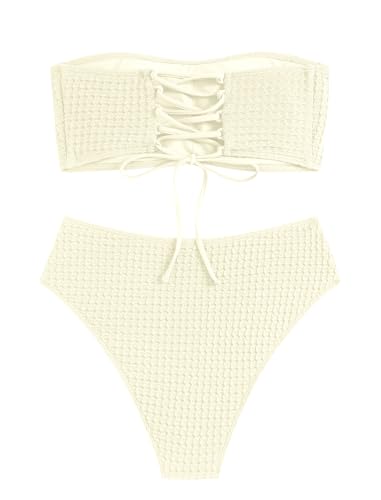 ZAFUL Women's Textured Bandeau Bikini Strapless Solid Color 2 Pieces Bathing Back Lace-up Suit Swimsuit (7-Beige,L)2