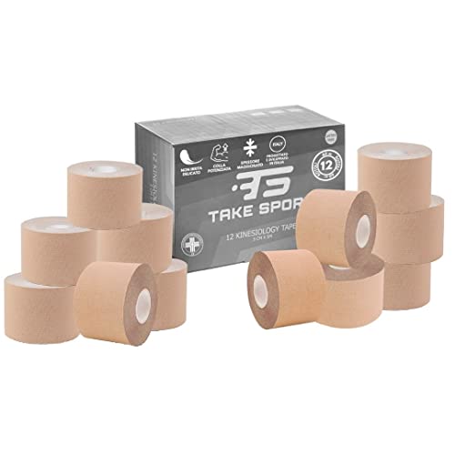 TS Take Sport® Kinesiology Tape 5 cm x 5 m – 12 rollos piel elástico, kinesiotape de algodón y elastano, cinta kinesiológica adhesiva, vendaje neuromuscular, ideal fisioterapia, crossfit, ​​boxeo