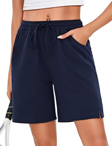 Leversic Femme Bermudas Pantalon Court Été Shorts de Sport Femme avec Cordon Élastique et Poches pour Yoga Fitness Gym Jogging Bleu Marine M