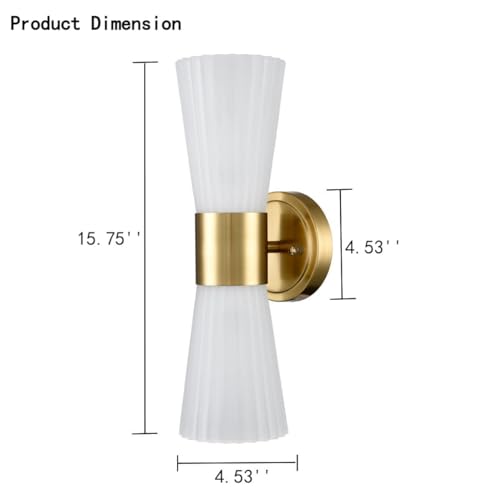 Image of Modern Wall Vanity Light Fixture Brushed Gold Wall Sconce, Adjustable Direction Up Down Wall Light with Frosted Milk White Striped Glass Shade for Living Room Bedroom Bathroom Hallway