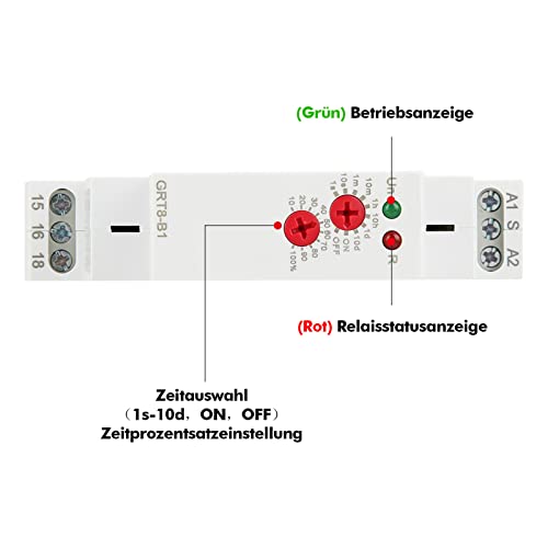 Verzögerungsrelais, Mini-Abschalt Verzögerung Zeitrelais AC/DC12V~240V Ausschaltverzögerungs Relaiszeitschaltuhr 35mm DIN-Schienentyp GRT8-B1