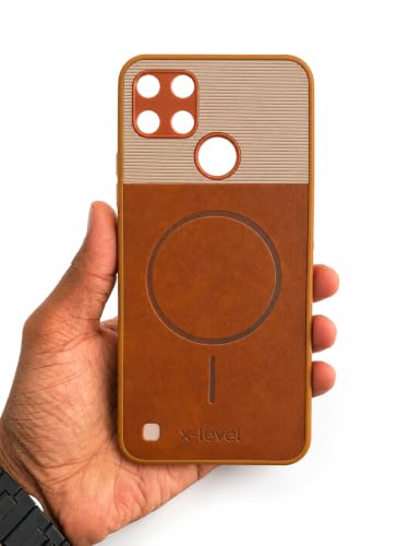 Image of Bintage Mac Safe Design Hard Slim Back Case | Soft Border Camera Protect | Dual PU Leather Finish Back Cover Compatible for Realme C25Y /Realme C21Y - White & Brown