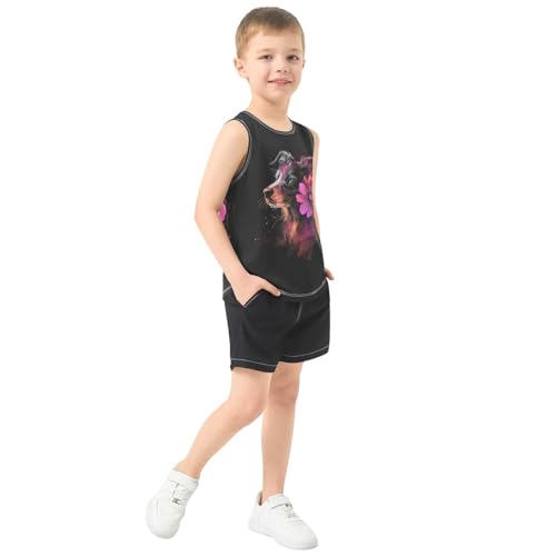 Boys Tank Top Shirts Dog Print Colorful Flower Sleeveless T-Shirts Crew Neck for Kids Clothing Children4