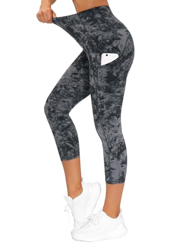 Image of THE GYM PEOPLE Thick High Waist Capris Yoga Pants with Pockets, Tummy Control Workout Running Yoga Leggings for Women