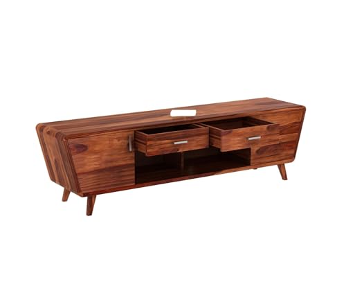 Image of sheesham Wood Wooden TV Cabinet for Living Room 65+ inch - TV Table for Living Room Entertainment Unit - Solid Wood TV Unit for Livingroom 65 Inch with 2 Drawers 2 Shelves & 2-Door (Honey)