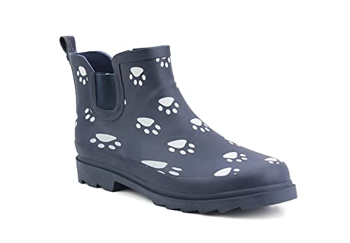 Image of StormWells Womens Ladies Navy Paw Print Short Welly Shoes Wellington Wellies Ankle Boots (Navy/Paw, 8 UK, numeric_8)