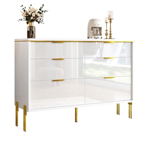 Azkoeesy Aparador moderno de 120 cm, color blanco con mango dorado, cómoda con 6 cajones, elegante mueble de almacenamiento para salón, comedor y pasillo (blanco brillante)