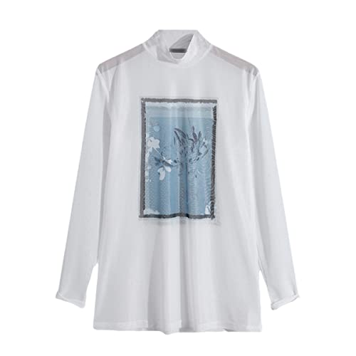 T-shirt tendance pour homme en maille blanche imprimée col roulé transparent haut de gamme