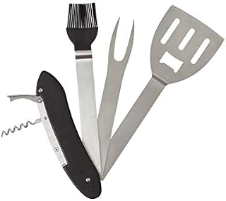 BBQ grill camping 5 in 1 multi tool Stainless Steel folding spatula, fork, silicone brush, corkscrew and bottle opener