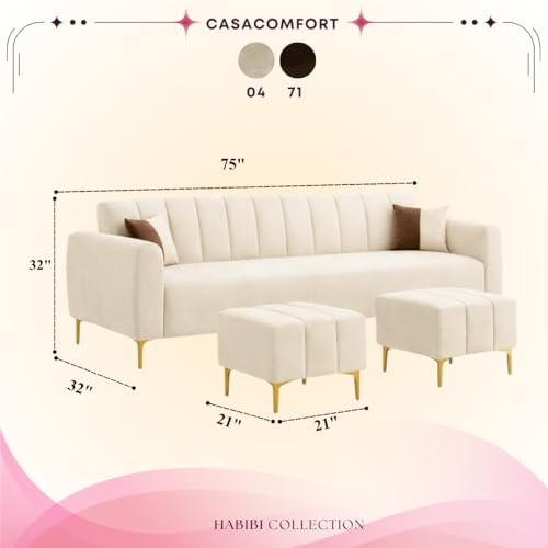 Image of Habibi 5 Seater L Shape Sofa Set with 2 Movable Ottomans | Flexible Layout | Rich Velvet Suede Fabric | Silver Legs | Modern Sofa for Living Room (Cream)