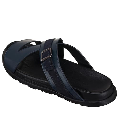 DALGALA Men's Navy Blue Leather Big Size Wide Fit Handmade Sandals Summer Shoes3
