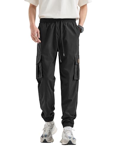 HHZ Men's Relaxed Fit Cargo Pants Drawstring Stretchy Elastic Waist Work Casual Pants with Zipper Pockets