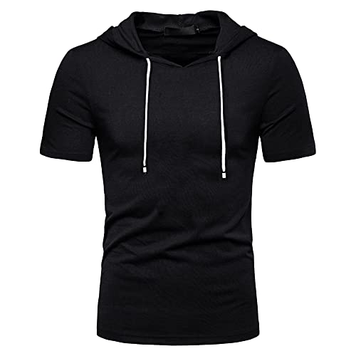 JEsilunmaMY Mens Short Sleeve Drawstring Hooded T-Shirt Loose Casual Cotton Pullover Tees Solid Color Muscle Gym Hoodies