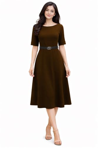 Image of Women's Elegant Midi Dress with Belt | Half Sleeve Fit & Flare Casual Dress | Knee Length Office Party Western Dress for Women