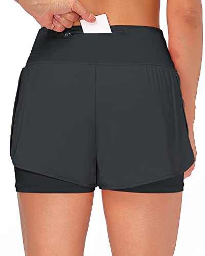 Shorts Damen Sommer Sport Shorts Kurze Hosen 2 in 1 Laufshorts Fitness Sporthose Running Yoga Jogging Beiläufige Elastisch Schnelltrocknende Shorts (A Dunkelgrau1, L)
