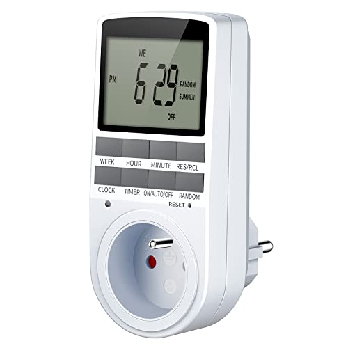 Prise Programmable, Programmateur Prise Électrique et Digitale, Minuterie Prise Numérique avec Grand LCD écran, 10 Programmes Journaliers Hebdomadaires avec Mode Aléatoire Antivol, Maxi 3680W
