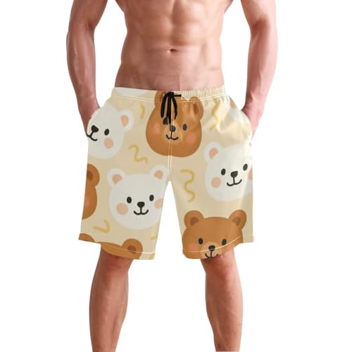 ODAWA Cute Bear White Brown Men's Beach Shorts Casual Elastic Waist Drawstring Summer Beach Shorts S3