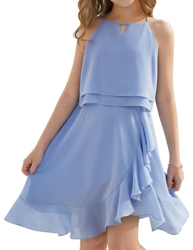 heekpek Vestidos Niñas Sin Mangas Vestido de Verano A Line Volantes Boda Ceremonia Elegante Vestidos de Fiesta para Niñas 6 15 Años, Azul, L