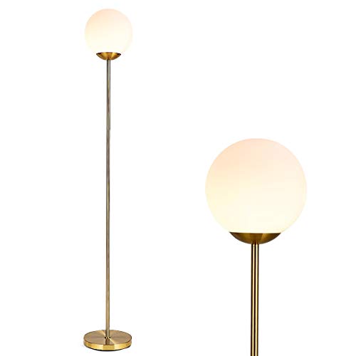 Costway Lampadaire en Métal 170CM avec Ampoule LED 7W E27,Globe en Verre Dépoliφ25,5CM et Abat-Jour en Verre pour Salon, Chambre à Coucher, Bureau Laiton Ancien