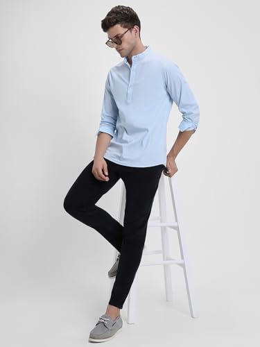 Image of Dennis Lingo Men's Cotton Solid Slim Fit Mandarin Collar Full Sleeves Casual Shirt