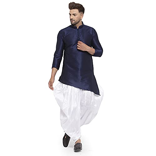 Image of Men's Silk Balloon Salwar Dhoti Pant Set (NavyB Slant Slit K But White Sal Dh40 Navy, White 40)