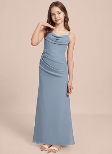 dideyttawl Long Junior Bridesmaid Dresses for Girls Chiffon A-Line Ruched Cowl Neck Wedding Flower Girls Dress 25124