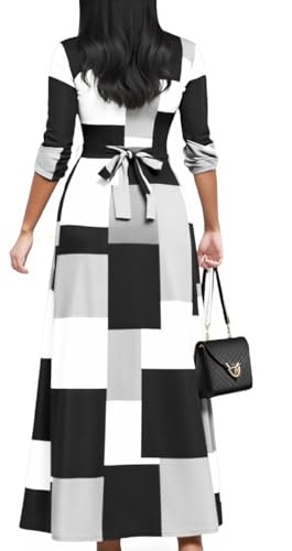 Image of Women's Church Maxi Wrap V Neck 3 /4 Sleeve Tie Waist Plus Size Long Dress | Flattering wrap V-neck design enhances curves. High elastic tie waist accentuates the slimmest part, hides tummy.