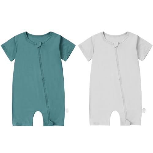 Image of COOKY.D Unisex Baby Short Sleeve Bamboo Fiber Summer Romper Soft Neutral Comfortable Spring Boys Girls Jumpsuit Playsuit 0-3 Months 2 Pack,Grey & Green