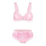 Littleforbig Unisex Nightwear Strap Sleepwear Lingerie Loungewear Sissy Lacy Frill Adjustable Satin Bralette Panties Set 4XL Pink