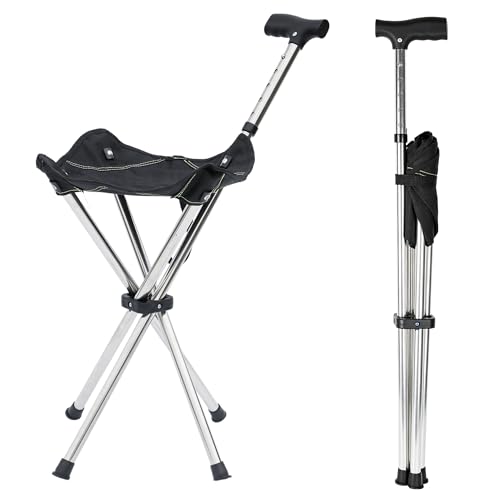 FATTCHIAR Cane with Seat with Light, Cane Chair Adjustable Height Folding Lightweight Walking Stick...