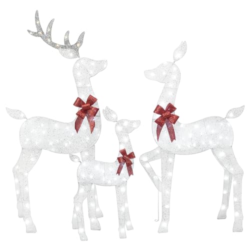 HOYECHI 5 FT Oversized Christmas Decorations Outdoor Lighted Reindeer – 3-Piece 2D Deer Family Set with 160 Warm White LED Lights for Yard, Lawn, Garden & Porch Holiday Display - White
